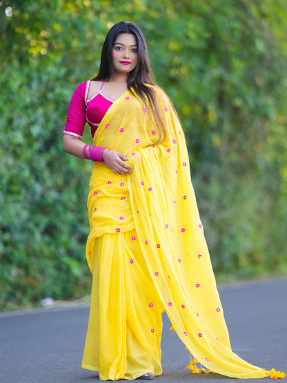 Aparna Yellow Saree With Embroidery Work Mul Cotton Saree For Women