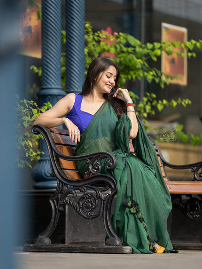 Aparna Dark Green Premium Mul Cotton Saree For Women