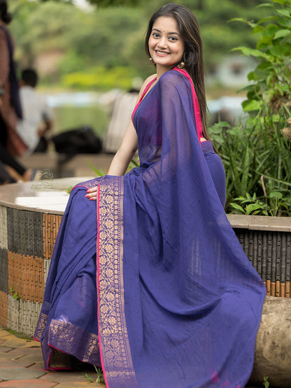 Aparna Blue Colour With Golden Border Mul Cotton Saree For Women