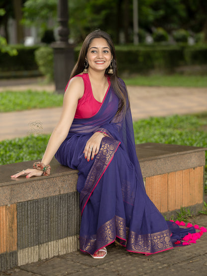 Aparna Blue Colour With Golden Border Mul Cotton Saree For Women