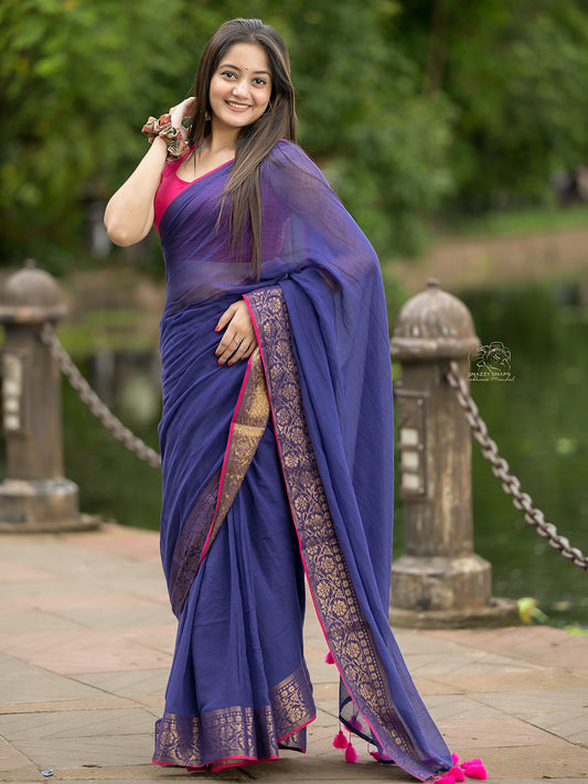 Aparna Blue Colour With Golden Border Mul Cotton Saree For Women
