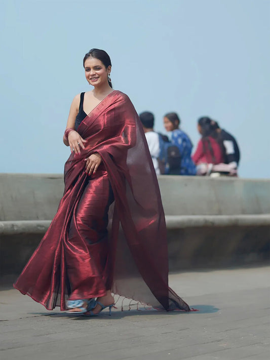 Maroon & Blood Red Dual Tone Raga Tissue Saree For Women & Girls