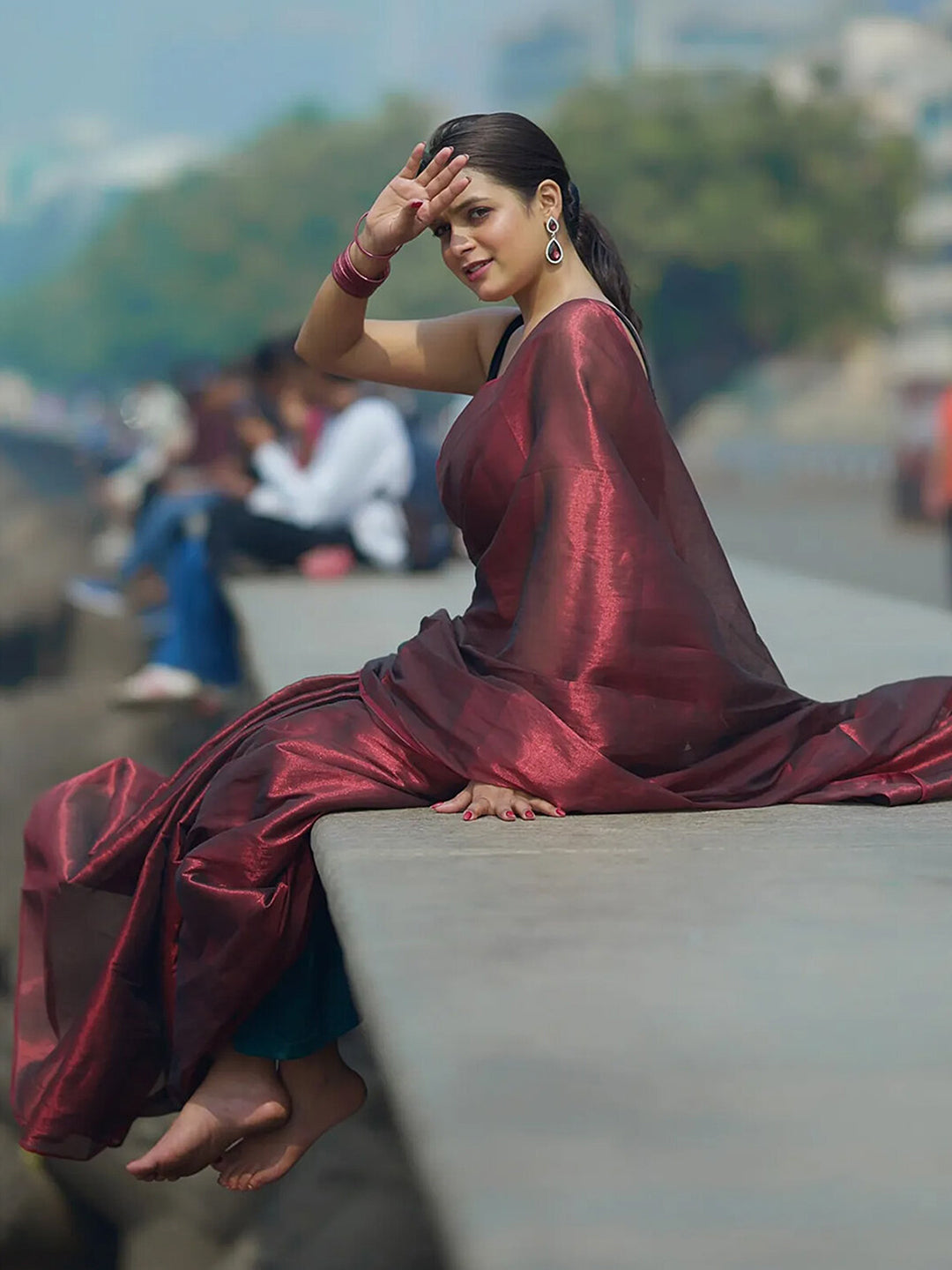 Maroon & Blood Red Dual Tone Raga Tissue Saree For Women & Girls