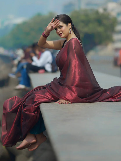 Maroon & Blood Red Dual Tone Raga Tissue Saree For Women & Girls