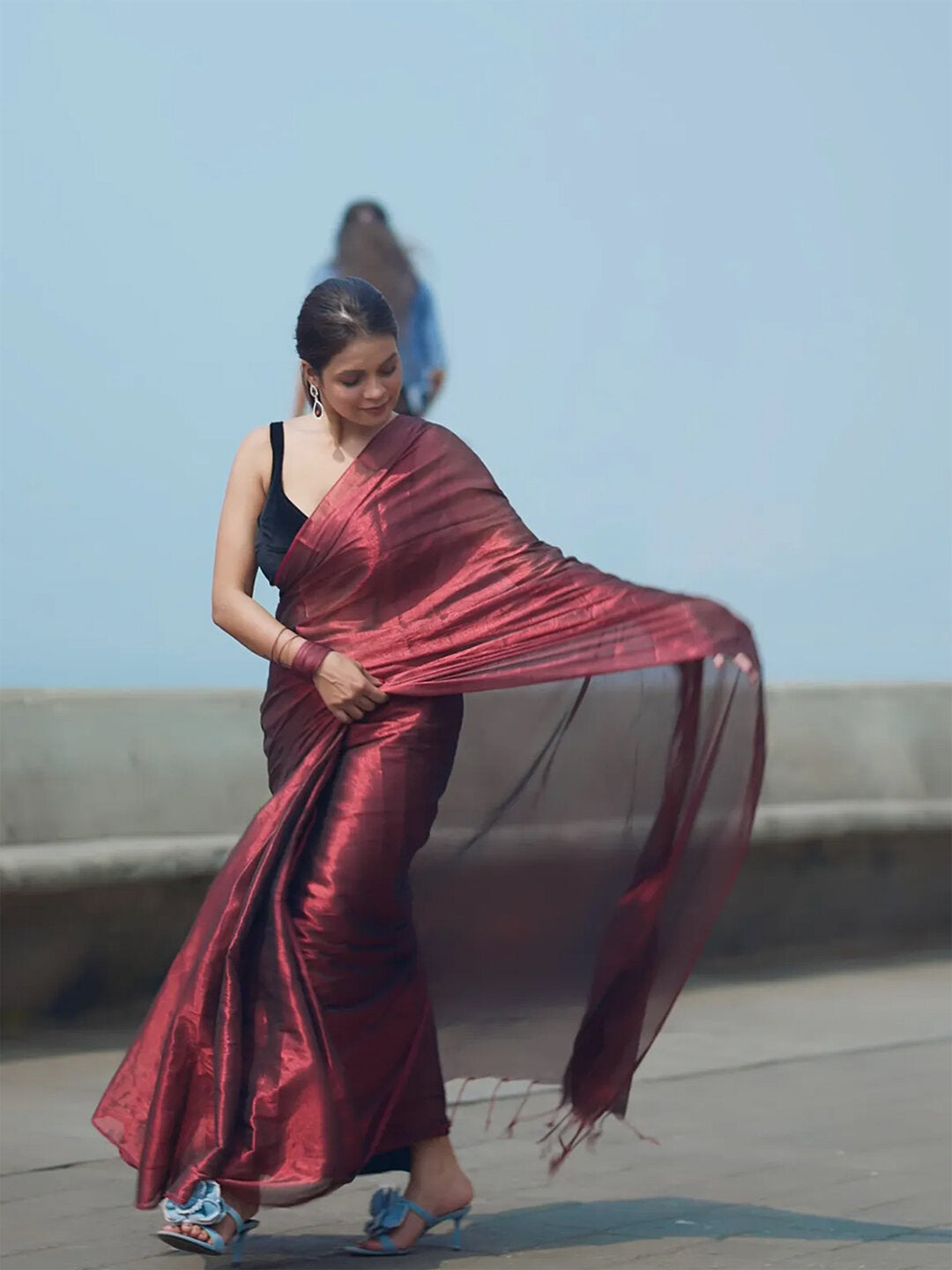 Maroon & Blood Red Dual Tone Raga Tissue Saree For Women & Girls