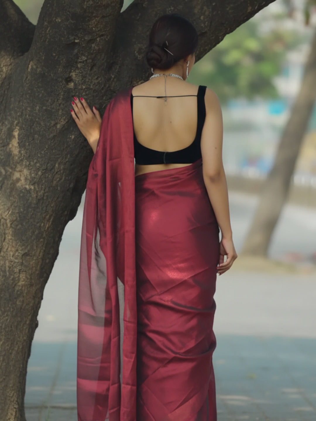 Maroon & Blood Red Dual Tone Raga Tissue Saree For Women & Girls