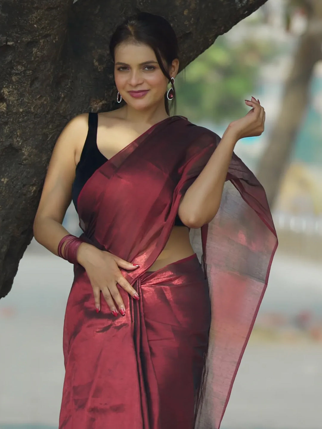 Maroon & Blood Red Dual Tone Raga Tissue Saree For Women & Girls
