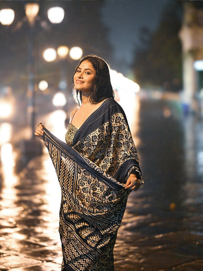 Aparna Floral Buige & Blue Printed Saree For Women