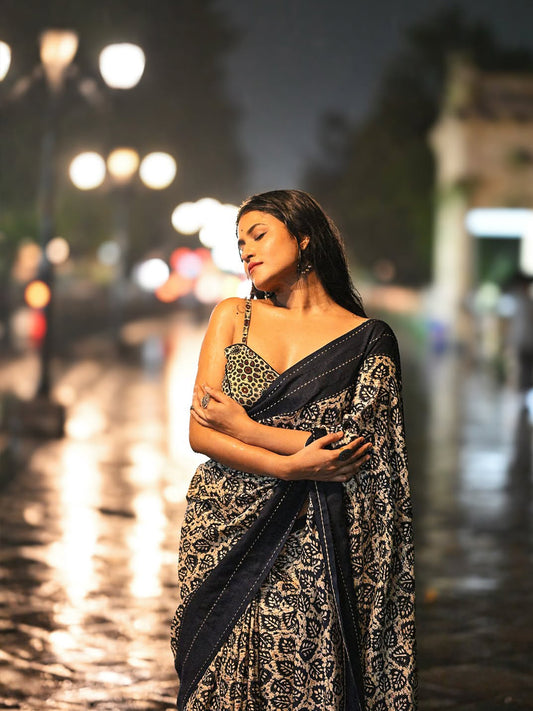 Aparna Floral Buige & Blue Printed Saree For Women