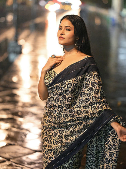 Aparna Floral Buige & Blue Printed Saree For Women