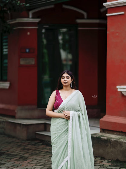 Aparna Light Olive Green Mul Cotton Premium Mul Cotton Saree For Women