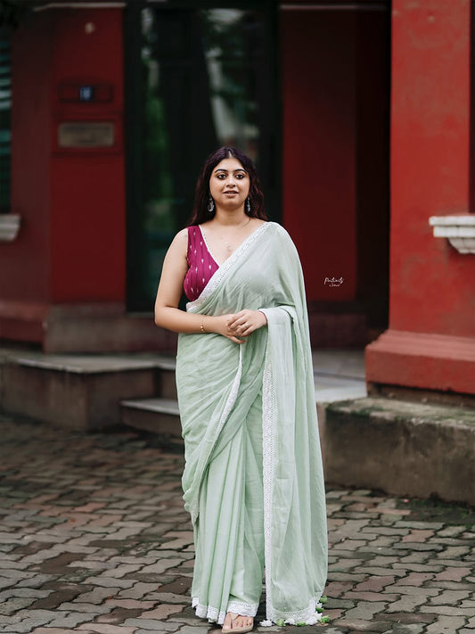 Aparna Light Olive Green Mul Cotton Premium Mul Cotton Saree For Women