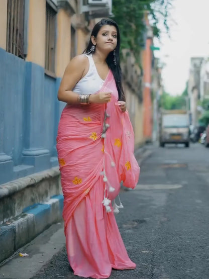 Aparna Embroidery Work Pink Premium Mul Cotton Saree For Women