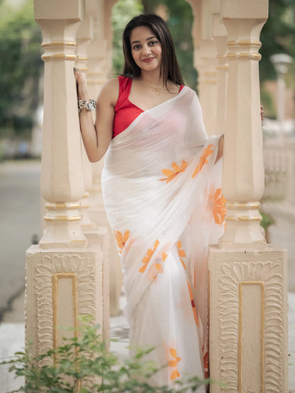 Aparna White Premium Hand Printed mul Cotton Saree For Women