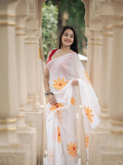 Aparna White Premium Hand Printed mul Cotton Saree For Women
