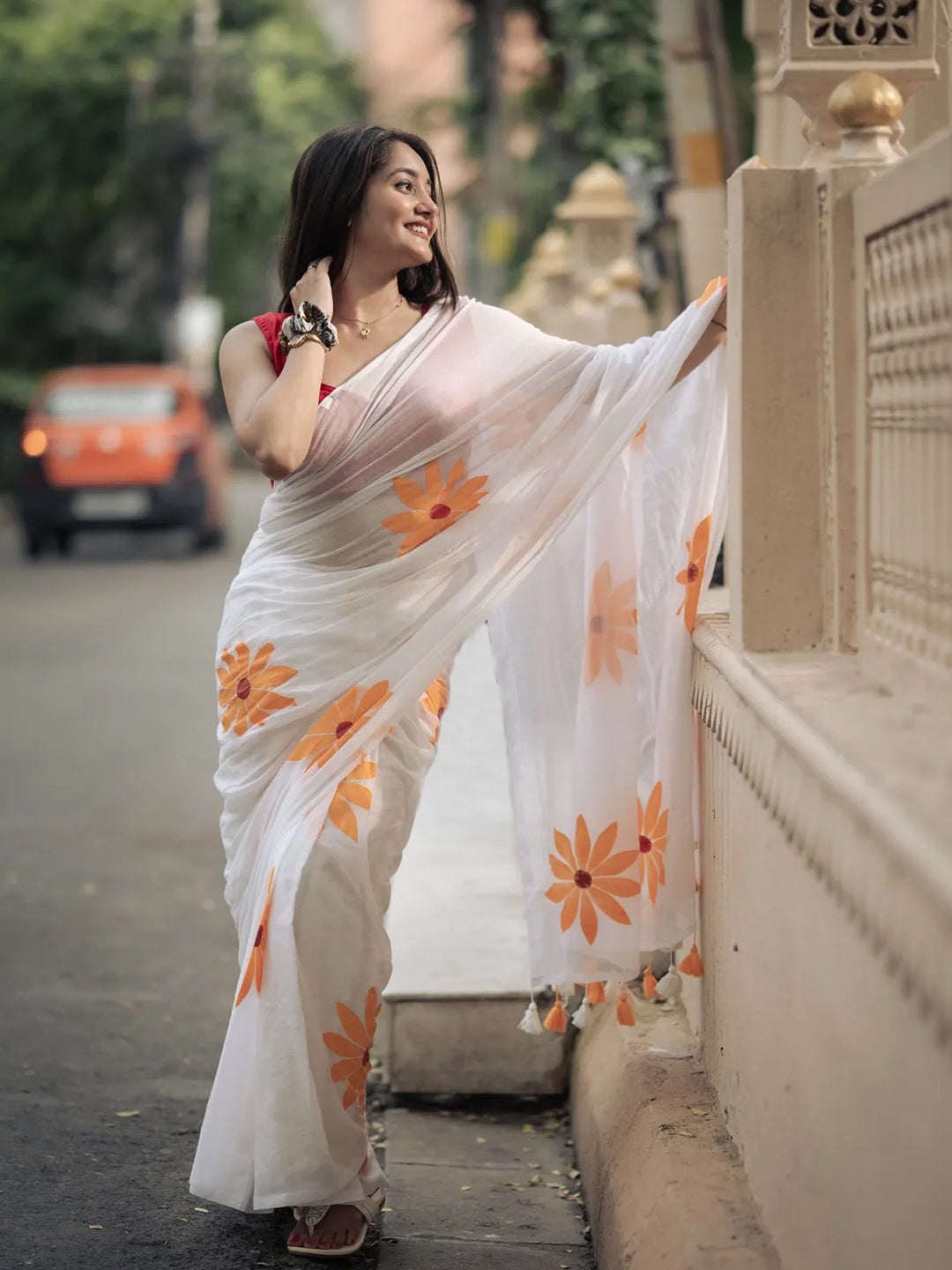 Aparna White Premium Hand Printed mul Cotton Saree For Women
