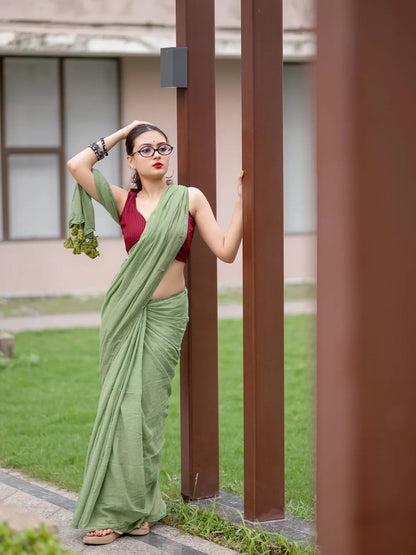 Olive Green Premium Mul Cotton Saree With Lace For Women