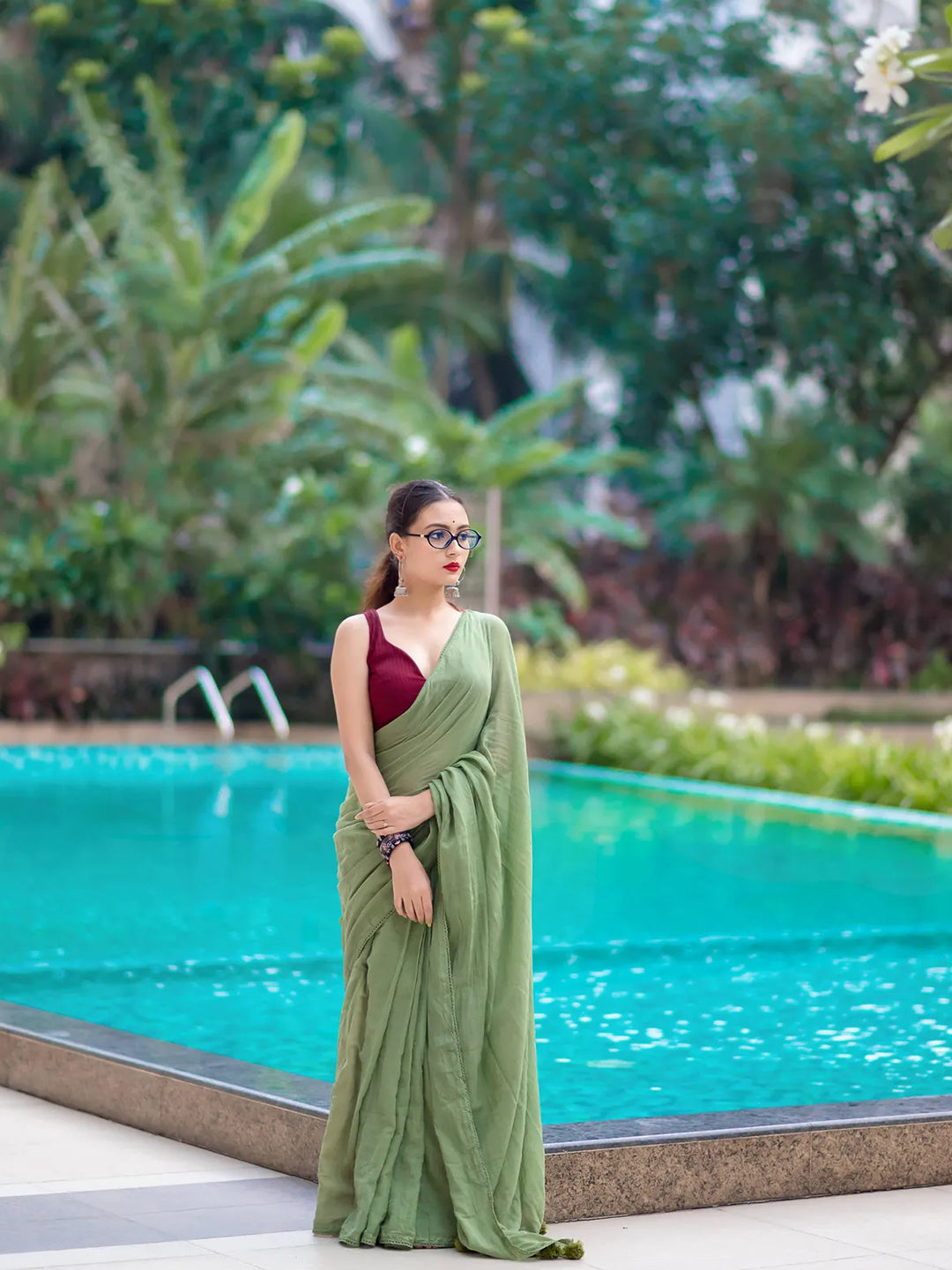 Olive Green Premium Mul Cotton Saree With Lace For Women