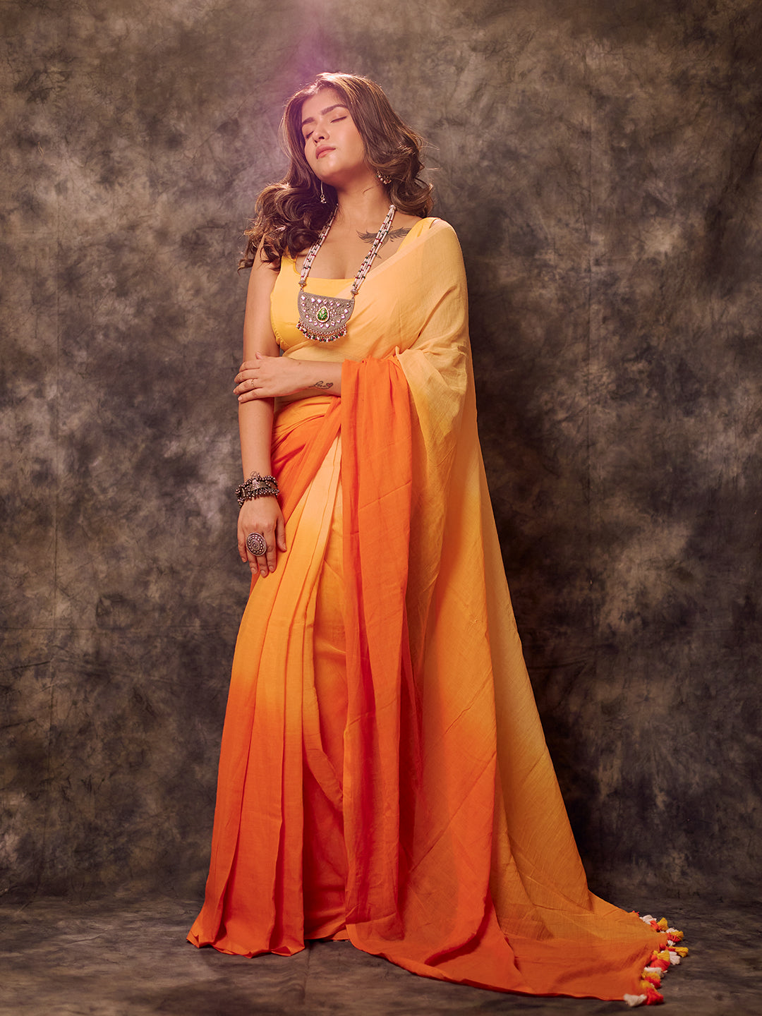 Aparna Orange & Yellow Premium Mul Cutton Saree For Women
