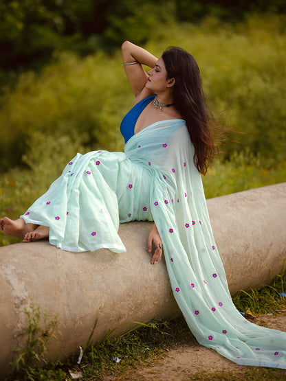 Aparna Floral Work Light Green Premium Mul Cotton Saree For Women