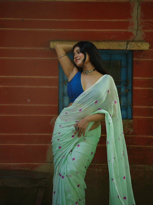 Aparna Floral Work Light Green Premium Mul Cotton Saree For Women