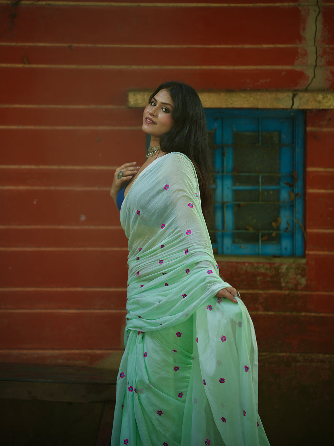 Aparna Floral Work Light Green Premium Mul Cotton Saree For Women