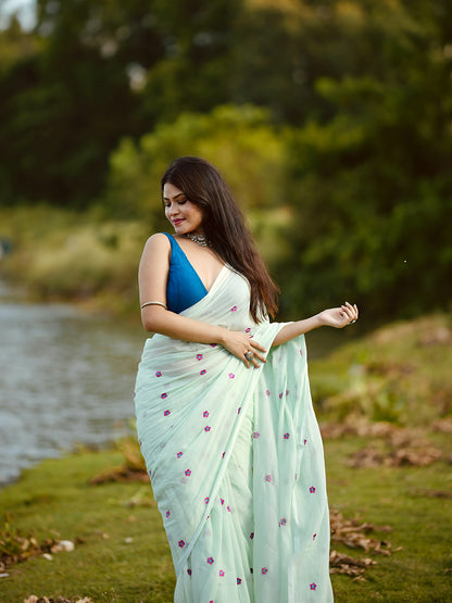 Aparna Floral Work Light Green Premium Mul Cotton Saree For Women