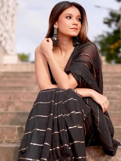 Aparna Black Premium Mul Cotton Saree With Golden Stripe For Women