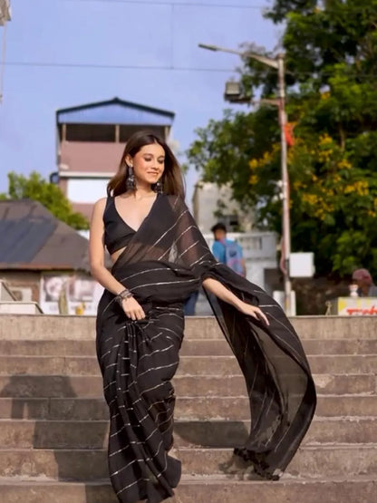 Aparna Black Premium Mul Cotton Saree With Golden Stripe For Women