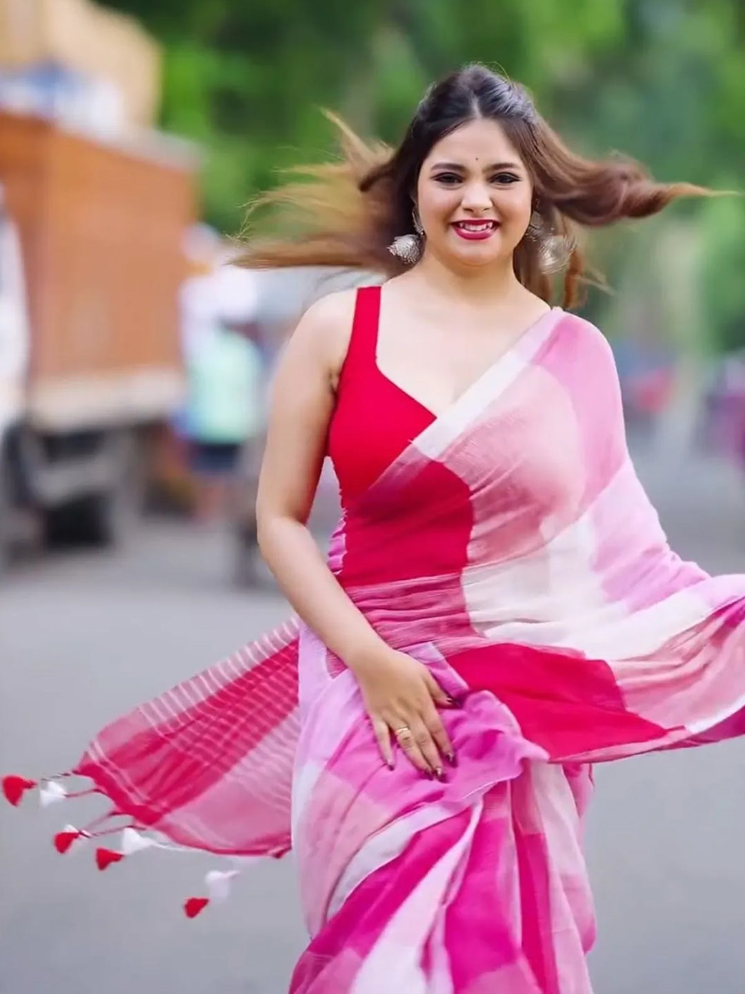 Aparna Pink & White Premium Lilen Saree For Women