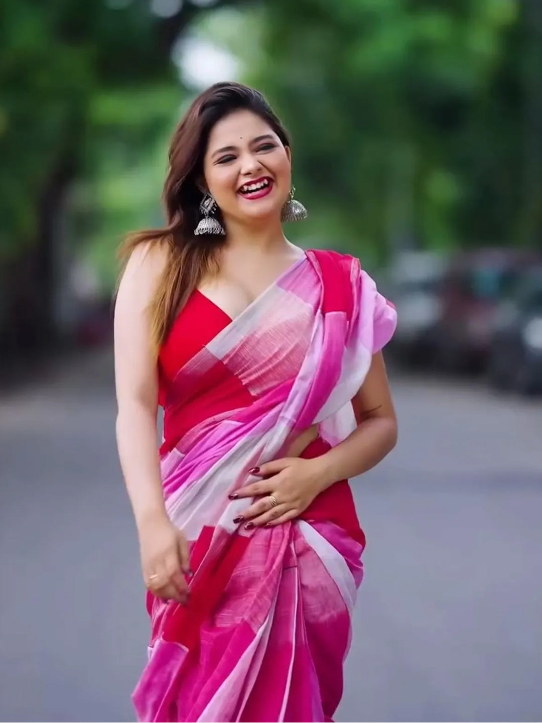Aparna Pink & White Premium Lilen Saree For Women