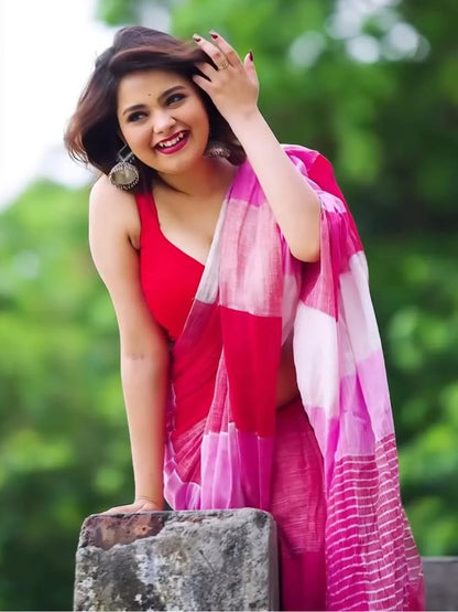 Aparna Pink & White Premium Lilen Saree For Women