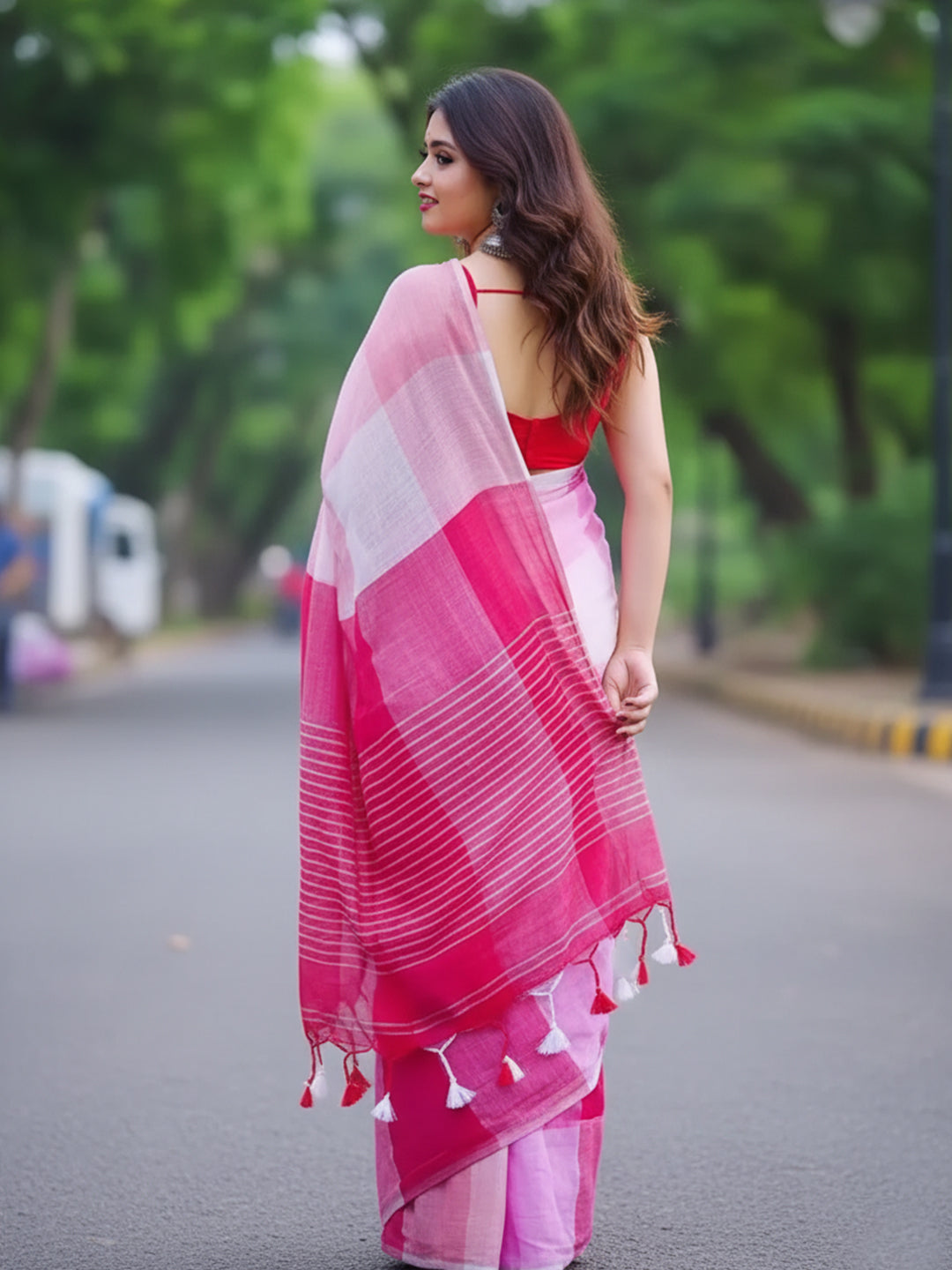 Aparna Pink & White Premium Lilen Saree For Women