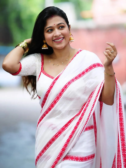 Aparna Red & White Premium Mul Cotton Saree For Women