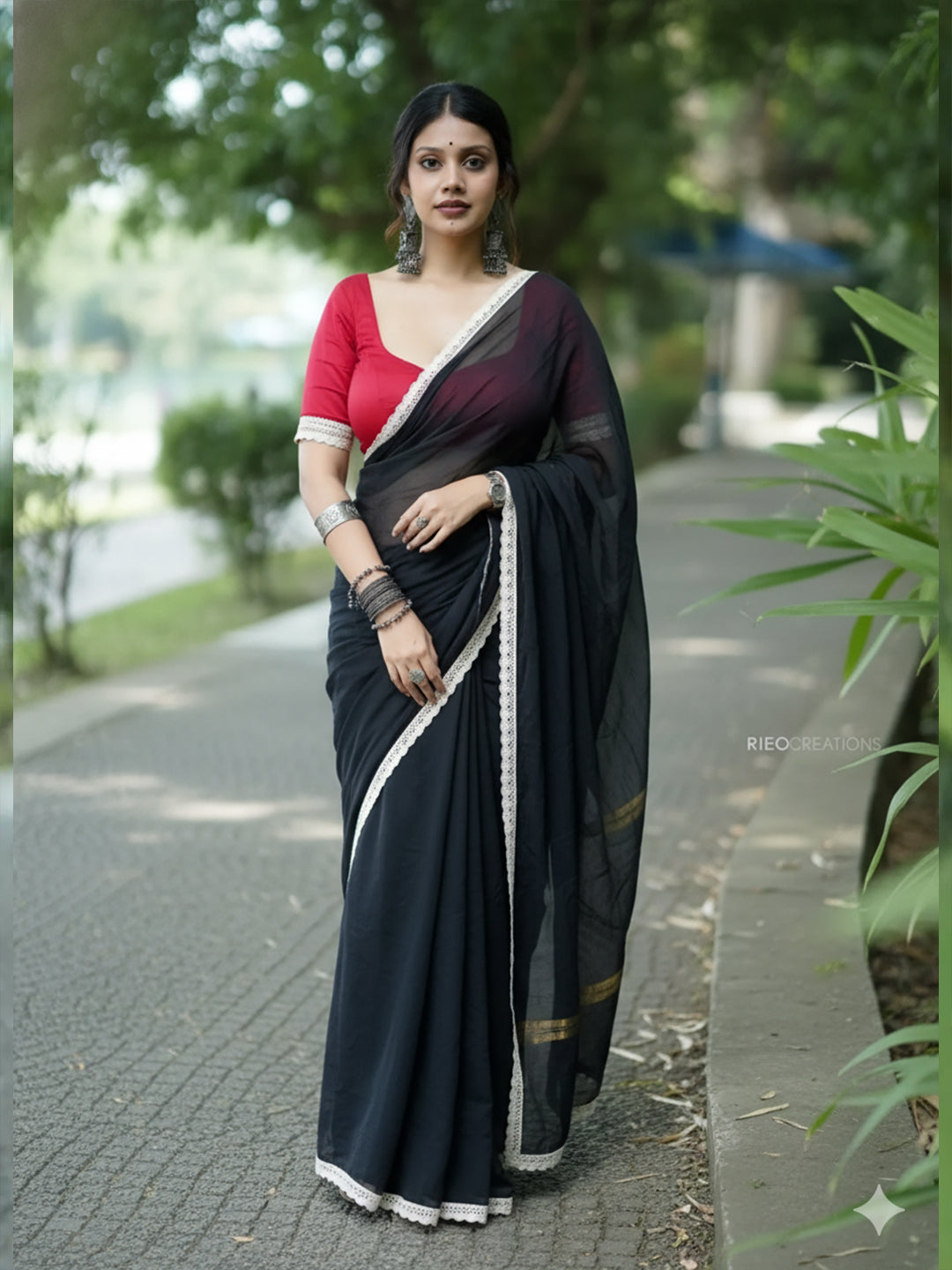 Aparna Black Premium Mul Cotton Saree With Lace For Women