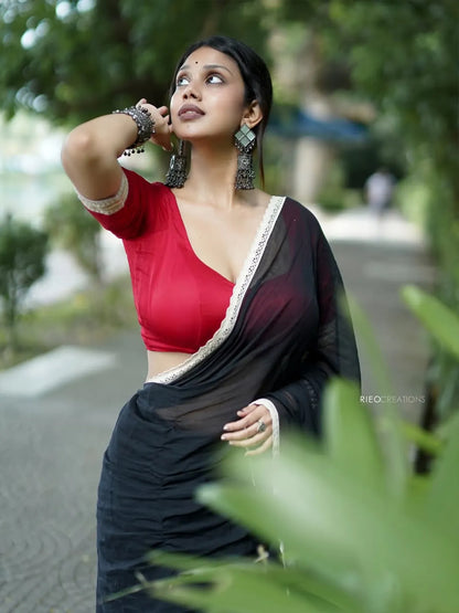 Aparna Black Premium Mul Cotton Saree With Lace For Women