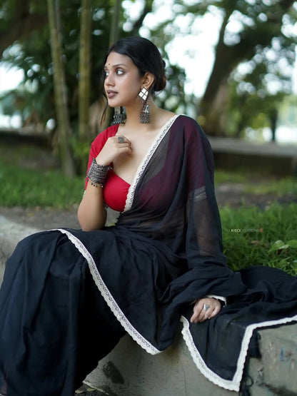 Aparna Black Premium Mul Cotton Saree With Lace For Women