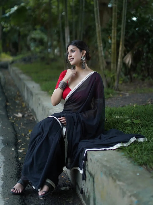 Aparna Black Premium Mul Cotton Saree With Lace For Women
