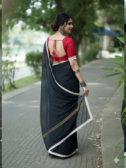 Aparna Black Premium Mul Cotton Saree With Lace For Women