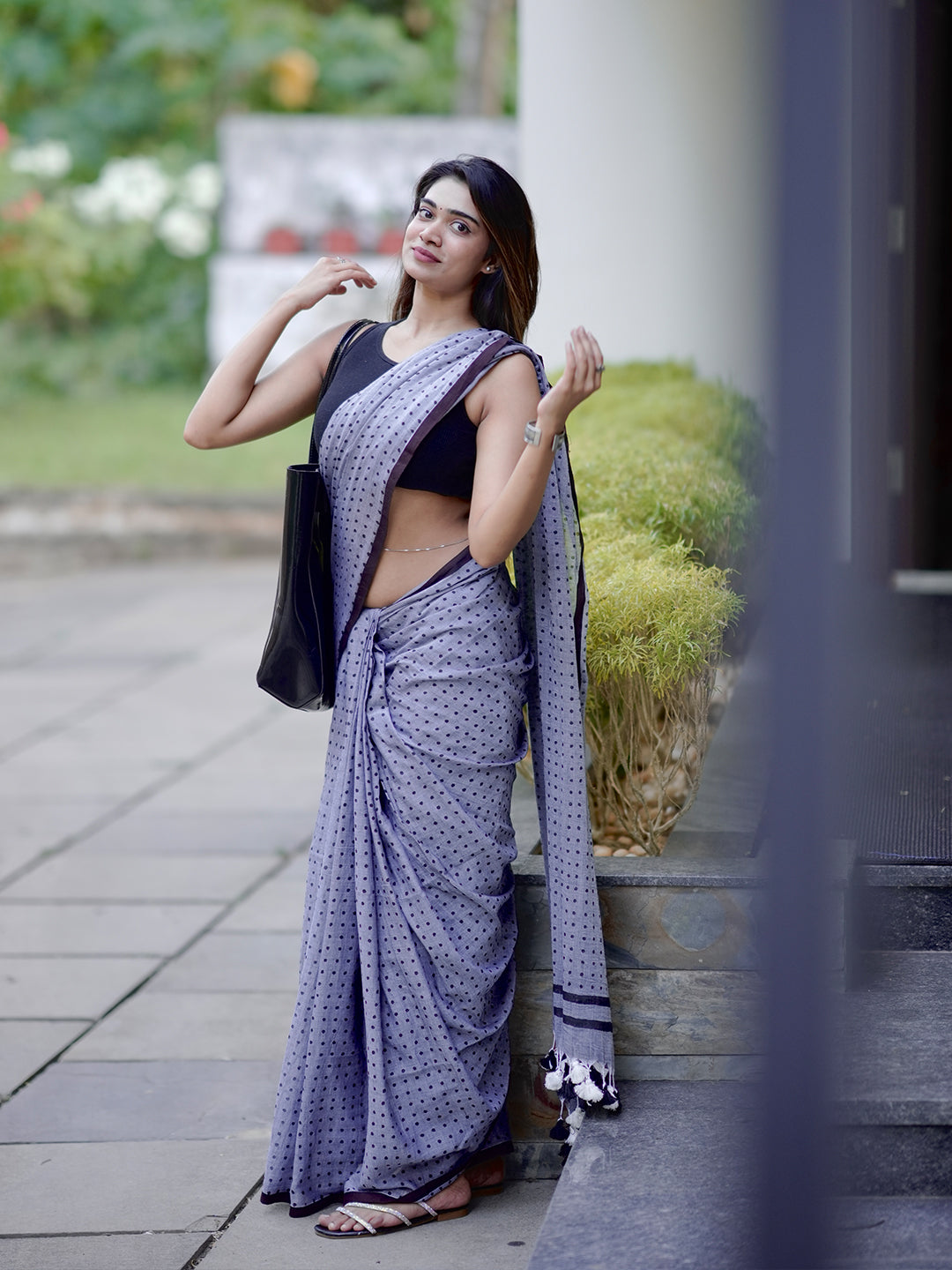 Aparna Grey Premium Hand Printed Mul Cotton Saree For Women