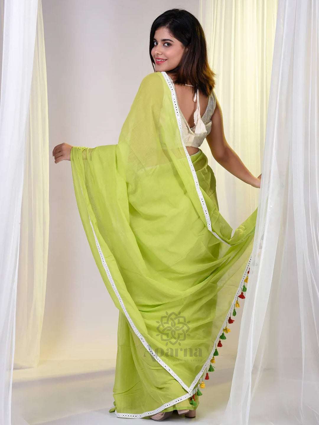 Aparna Neon Green Saree With Lace Mul Cotton Saree