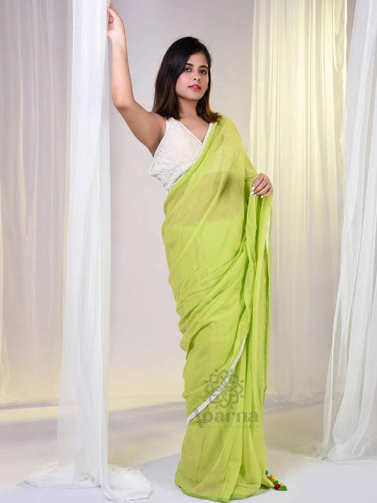 Aparna Neon Green Saree With Lace Mul Cotton Saree