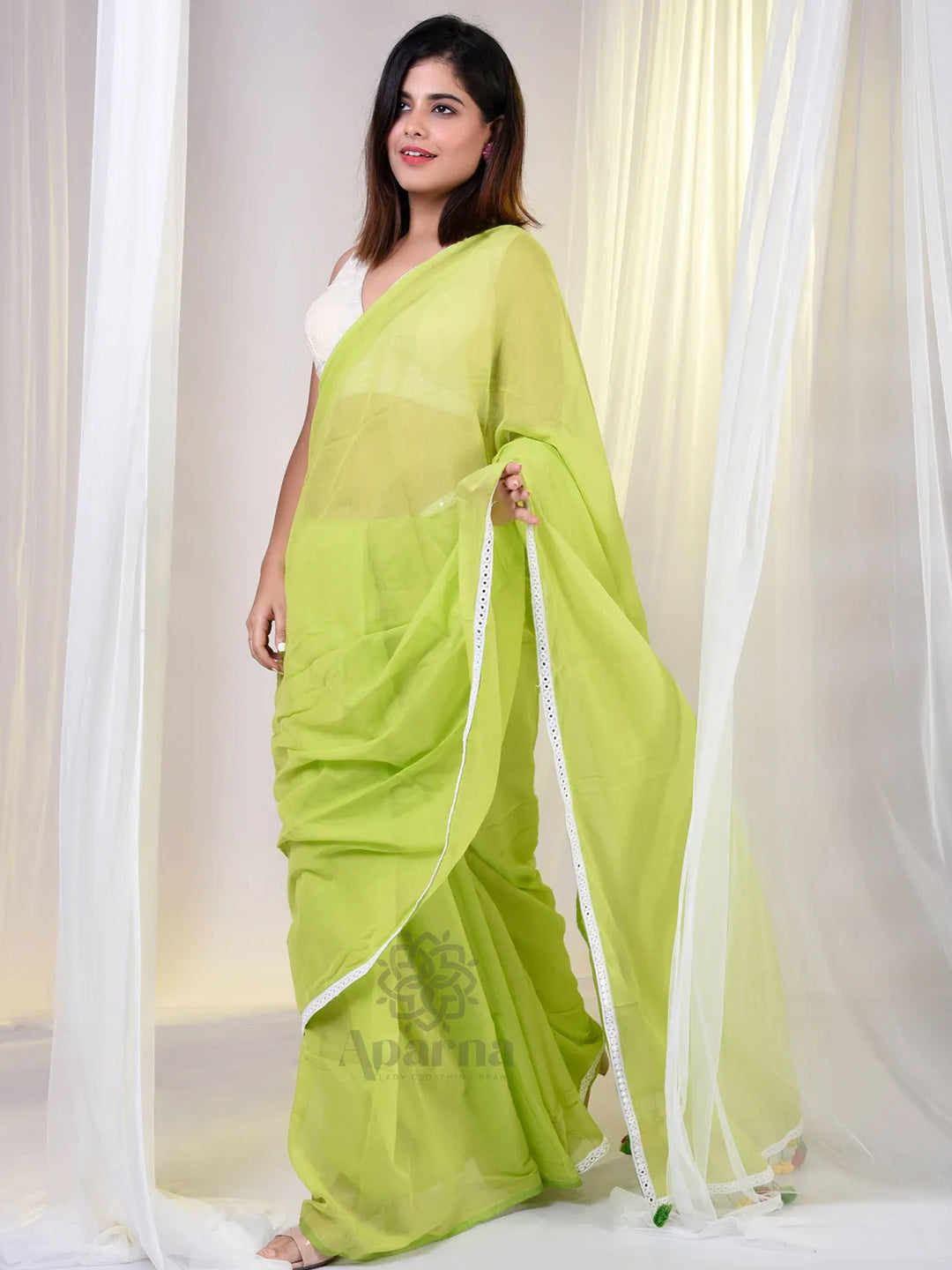 Aparna Neon Green Saree With Lace Mul Cotton Saree