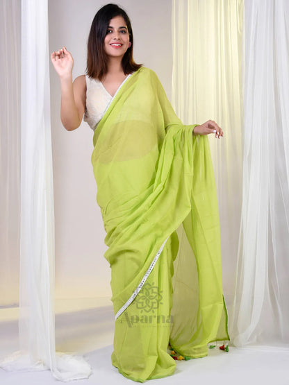 Aparna Neon Green Saree With Lace Mul Cotton Saree