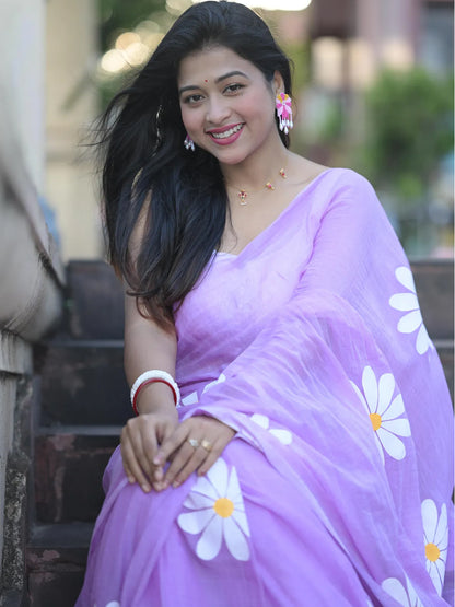 Floral Print Levender Mul Cotton Saree For Women
