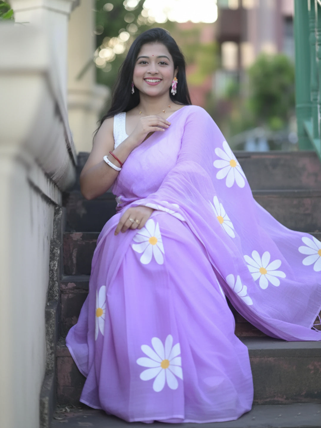 Floral Print Levender Mul Cotton Saree For Women