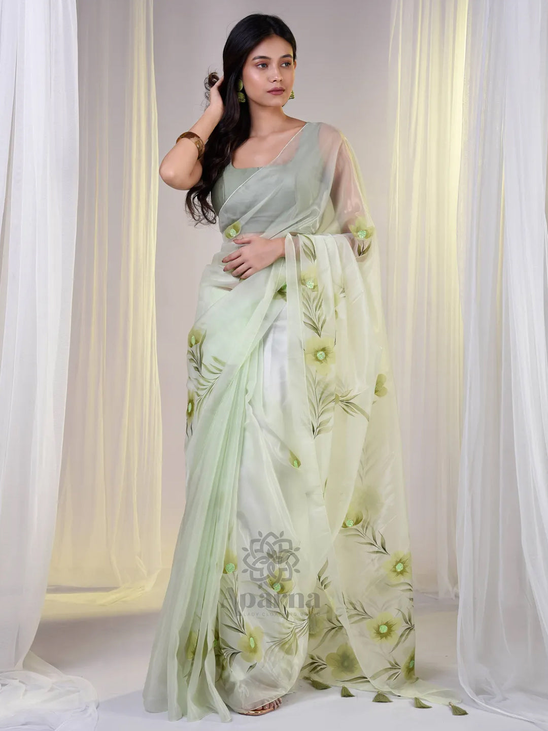 Aparna Flower Printed Mint Green Organza Saree For Women