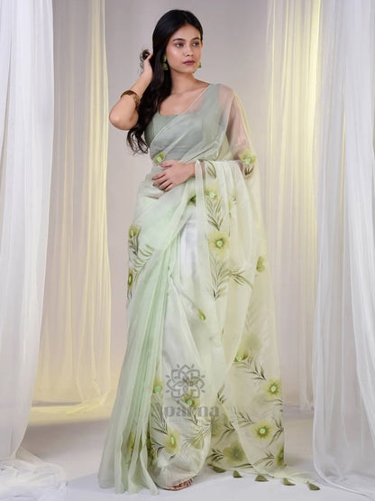 Aparna Flower Printed Mint Green Organza Saree For Women
