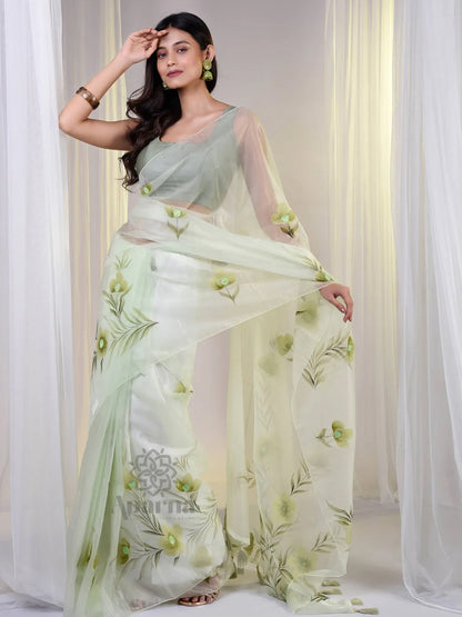 Aparna Flower Printed Mint Green Organza Saree For Women