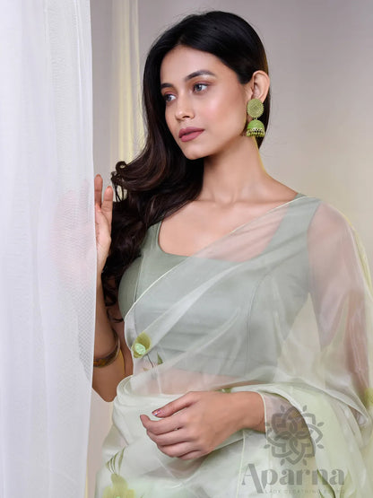Aparna Flower Printed Mint Green Organza Saree For Women